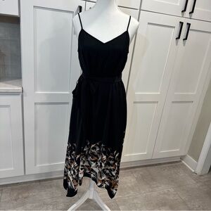 Apt 9 Black Spaghetti-Strap handkerchief Midi Dress with Bird Print Hem belted M